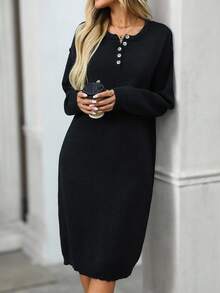 EMERY ROSE 女士休闲纯色针织连衣裙，百搭秋冬 - 黑色 - 查看 5