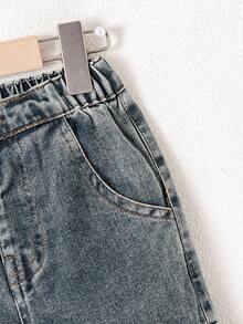 男童休闲宽松直筒撞色缝线工装牛仔裤 - 中等水洗藍 - 查看 4