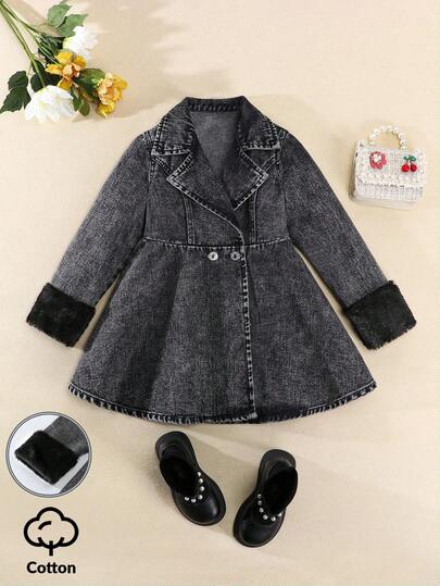 Elladie kids 少女款喇叭下摆长款及膝牛仔外套，水洗黑色牛仔布，复古时尚休闲度假风，百搭大翻领设计，秋冬款