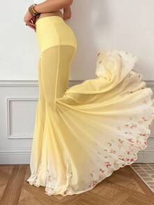 SHEIN ICON Quần ống loe in họa tiết ren gradient ngọt ngào và quyến rũ dành cho nữ có cạp siêu thấp - Màu vàng - Xem 4