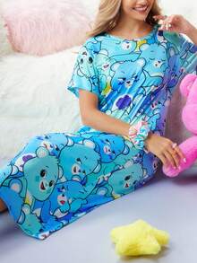 女士可爱卡通 SweetSlumber X Carebears 图案圆领短袖睡衣连衣裙，卡通睡衣，哞哞睡裙 - 彩色 - 查看 5