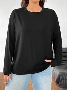 SHEIN EZwear Plus Size Women's Solid Color Round Neck Loose Long Sleeve Casual T-Shirt, Spring/Summer - Black - View 7