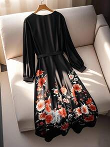 SHEIN Clasi Plus Size Women's Floral Print Metal Buckle Tie Waist Split Hem Dress, Fashionable, Elegant, Versatile, Suitable For Vacation & Romantic Occasions - Black - View 2