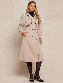 Amorya Women's Elegant Apricot Color-Block Pocket Mid-Length Trench Coat, Suitable For Daily Commute And Versatile Occasions, Autumn Trench Coats Autumn Outfits For Women   Women's Winter Coat  Chic Women's Jacket