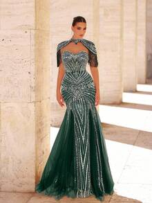 Glamrae Váy đuôi cá lưới đính ngọc trai và sequin sang trọng thanh lịch với thiết kế tay tua rua, phù hợp cho đám cưới, tiệc tùng, kỳ nghỉ, dạ hội, trang phục trang trọng buổi tối (được trang trí nhiều chi tiết) - Màu xanh lá cây đậm - Xem 1