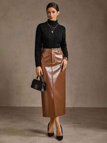 MOTF PREMIUM PU皮革开衩裙 - 咖啡棕 - 查看 2