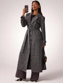 SHEIN BAE Fall Loose Fit Single-Breasted Lapel Long Casual Coat,Special Textured Fabric Jacket,Women's Winter Coat,Coat,Elegant Long Coat,Fashionable Coat - Black - View 3