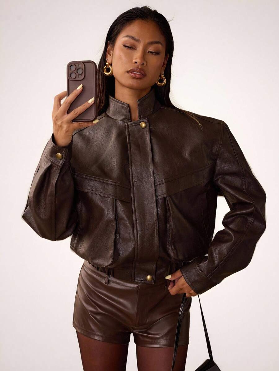 SHEIN BAE Women's Solid Color Long Sleeve Zip-Up Casual Loose PU Leather Jacket, Autumn,Women's Leather Jacket,Women's Winter Jacket,Chic Women's Jacket,Cropped Jacket,Brown Jacket - Coffee Brown - View 1