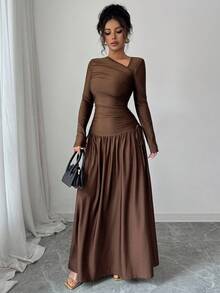Elenzga 新款女式斜领长袖褶饰蝴蝶结设计A字腰收腰显瘦度假休闲优雅长裙，春秋 - 咖啡棕 - 查看 6
