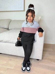 2 件套年轻女孩罗纹针织连帽运动衫和紧身裤，休闲日常时尚百搭秋冬服装 - 彩色 - 查看 4