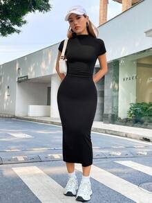 Muchica 夏季纯色黑色立领短袖开衩紧身连衣裙