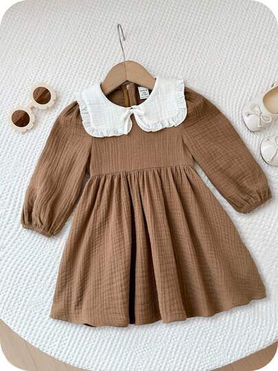 SHEIN Baby Girl Woven White Ruffle Contrast Collar Long Sleeve Brown Soft Crepe Casual Cute Doll Dress