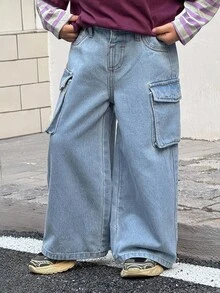 SHEIN 小男孩休闲蓝色牛仔宽松工装裤 - 中等水洗藍 - 查看 7