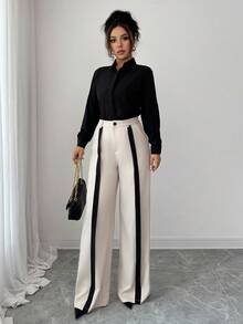 SHEIN Tall 女款黑白條紋直筒長褲，優雅夏季商務休閒通勤辦公褲，口袋拉鍊設計，卡其撞色黑，適合工作約會，高個女性 - 卡其色 - 查看 5