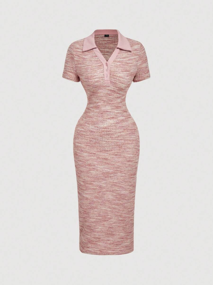 SHEIN MOD Váy dài vừa phải, tay ngắn, chất liệu vải tuýt kẻ caro có cổ - Hồng - Xem 1