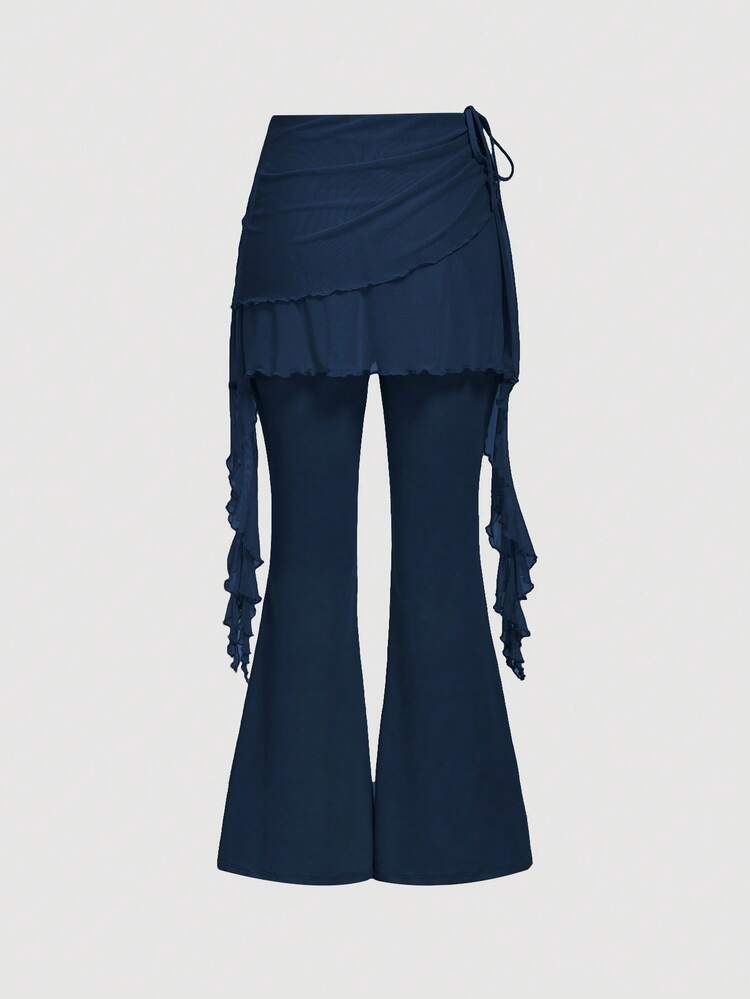 SHEIN MOD Women's Flared Pants With Drawstring And Side Ribbons - Navy Blue - View 2