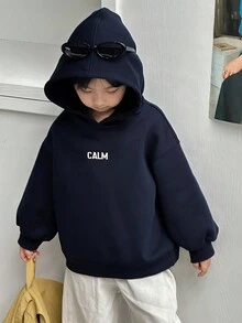 DAZY 男童抓绒卫衣，休闲宽松版型字母印花街头风，秋季连帽衫 - 藏蓝色 - 查看 1