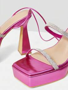 MOTF SQUARE TOE RHINESTONE PLATFORM HIGH HEEL SHOES - Hot Pink - View 4