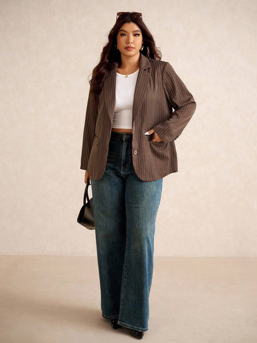 Elaquor Blazer informal de manga larga holgado a rayas de estilo retro para mujer de talla grande, conjunto de ropa de mujer con blazer marrón, ropa de mujer para otoño e invierno