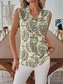 Chiquease 女士时尚休闲印花荷叶边无袖纽扣衬衫 - 綠色 - 查看 5