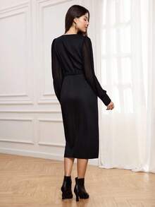 Miaspire 女士黑色雪纺袖中长连衣裙，鸡心领，优雅金属扣腰带，适合秋季外出聚会 - 黑色 - 查看 2