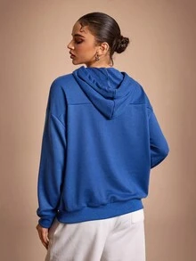 Streetz SHEIN Sport Áo nỉ trùm đầu tay dài hở vai màu trơn có dây rút cho nữ - Màu xanh lam - Xem 6