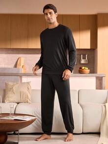 Manfinity Underwear&Sleepwear Basics Men's Solid Color Crew Neck Long Sleeve Top And Pants Pajama Set Men Lounge Set Men Sleepwear, Fall Winter Clothes