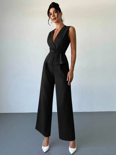 Firerie 女士优雅休闲宽松两件套，包括金属装饰 V 领短袖上衣和直筒裤，粉色纯色，适合日常通勤，女式夏秋冬装