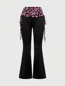 ROMWE Spring/Summer Valentine's Day 2pcs Women's Sexy Outfit - Rhinestone Letter & Leopard Print Strapless Crop Top And Drawstring Pants Set - Pink - View 7