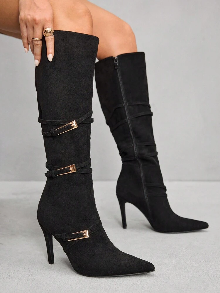 CUCCOO SZL Botas altas de tacón de aguja con puntera puntiaguda para mujer, botas de montar sexys para dama