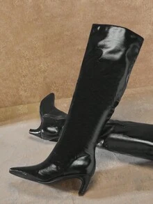 SHUZIA Giày bốt cao đến đầu gối màu đen, chất liệu da PU giả, mũi nhọn, gót thấp, thoải mái cho mùa đông, thích hợp cho kỳ nghỉ lễ - màu đen - Xem 3