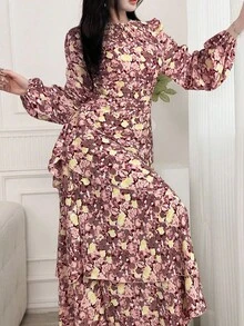 Feyla 女式花卉印花宽松优雅多层休闲连衣裙，长袖圆领 - 酒紅色 - 查看 5