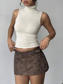 Aloruh Women's Tie-Dye Waist Belt Design Western Style Fashion Short Skirt,Brown Skirt, Fall For Women,Autumn For Women,Going Out,PU,Stylish And Simple Commuting And Casual,Y2K,Coffee Color Mini Skirt,Back To School - Brown - View 5