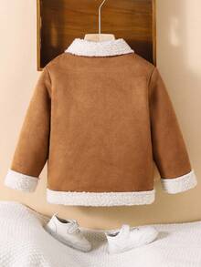 SHEIN Boys' Thick Fleece Jacket, Khaki, Hooded Zip-Up Sweatshirt, Casual Top For Spring, Summer, Fall, Winter, Back To School, Garden, Beach, Birthday - Coffee Brown - View 2