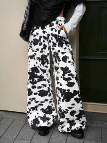 Jeanoix Jeans casuales de ajuste holgado con estampado todo sobre y bolsillos para mujer - Caqui - Ver 6