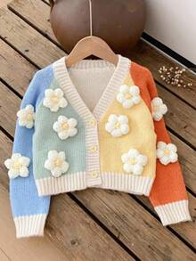 SHEIN 少女撞色长袖休闲开衫，3D花卉装饰，秋冬 - 彩色 - 查看 8