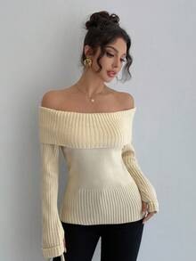 DAZY Schicker Off-Shoulder Pullover für Frauen, locker und lässig geschnitten, vielseitig einsetzbar, weich und kuschelig, Langarm, Herbst/Winter