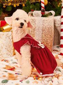 PETSIN Vestido de Natal para Cachorros Pequenos - Corduroy Vermelho com Mangas Bufantes e Decoração de Laço - Vermelho - Visão 4