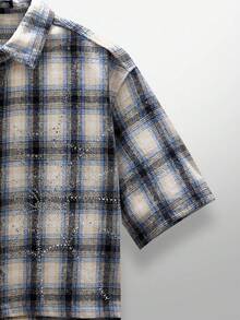 NEON BLANC Men's Street Fashion Woven Rhinestone Spider Web Plaid Short Sleeve Shirt - Blue - View 5