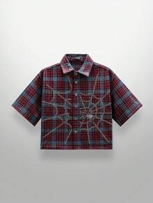 NEON BLANC Men's Street Fashion Woven Rhinestone Spider Web Plaid Short Sleeve Shirt, Halloween - Red - View 2