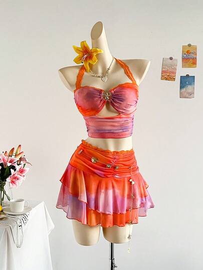 Soleia WYWH 女士夏季连衣裙套装，日落渐变色，蕾丝拼布褶饰露背上衣和双层蕾丝荷叶边迷你裙套装，适合节日、约会、下午茶、海滩、游轮、城市度假、四季、音乐节、波西米亚风度假，可内外穿着