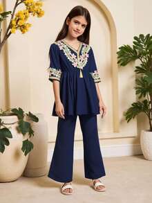 2pcs Tween Girls Traditional Collar Floral Applique Shirt And Pants Set - Multicolor - View 4