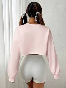 SHEIN EZwear 女士时尚休闲粉色短款运动卫衣，秋季 - 粉色 - 查看 2