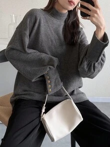 FRIFUL Kaos Wanita Kerah Tinggi Lengan Longgar Kancing Logam Dekorasi Manset Tinggi Berkualitas, Atasan Lengan Panjang Musim Gugur - Grey - View 4