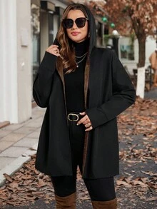 SHEIN CURVE+ Plus Size Women's Solid Color Long Sleeve Thermal Lined Casual Hoodie Jacket, Autumn/Winter - Black - View 10