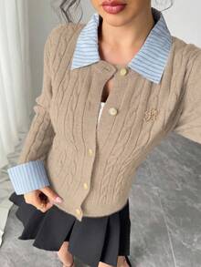 Chiquease Blogger-Inspired 2 In 1 Patchwork Knit Cropped Cardigan,Light Blue,Autumn,Elegant,School,Back-To-School European American Style Cable Ribbed Cardigan - Khaki - View 8