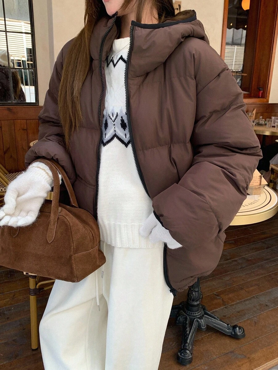 DAZY 女士宽松连帽绗缝羽绒服，纯色，加厚保暖内衬，秋冬女式外套 - 咖啡棕 - 查看 1