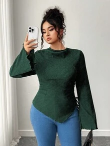 Elenzga Plus Size Casual/Work Solid Color Flared Sleeve Asymmetric Hem T-Shirt - Green - View 3