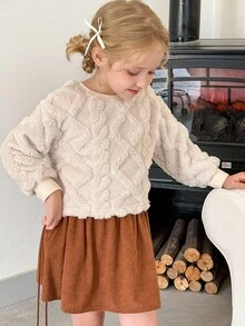 LMoss Kids LMoss 女童纯色圆领休闲卫衣，女童秋季服装，儿童秋季连衣裙，圣诞节，冬季服装，套头衫，圣诞毛衣，舒适秋冬装，温暖秋冬风格，长袖上衣 - 杏色 - 查看 7