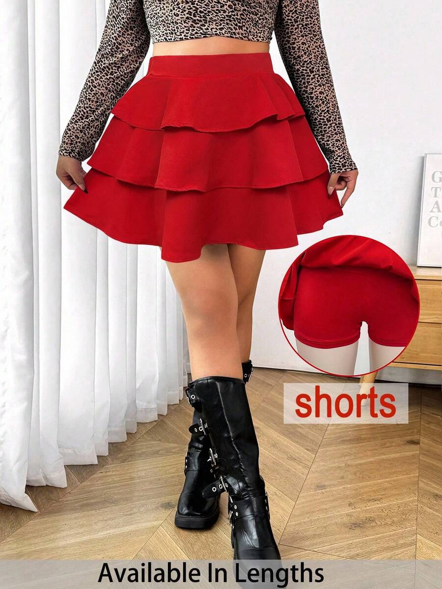 SHEIN PETITE CURVE 大码女式纯色百褶裙，休闲日常穿着 - 紅色 - 查看 1